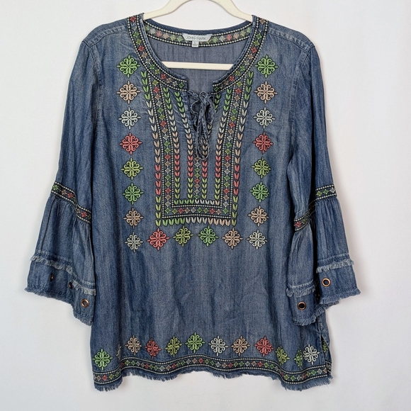 Embroidered Denim Top with Multicolor Accents - Picture 1 of 10